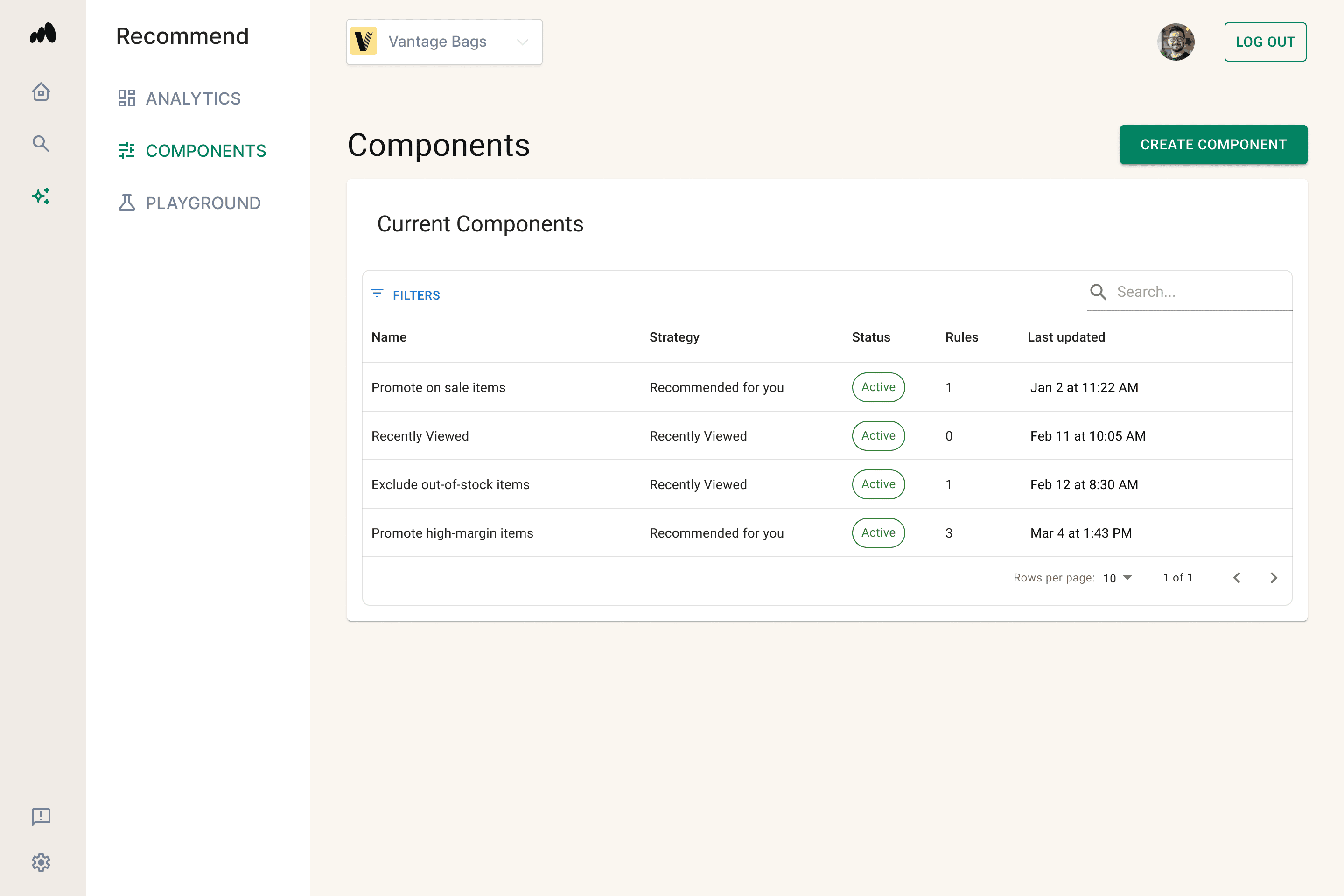 A visual of a table of components